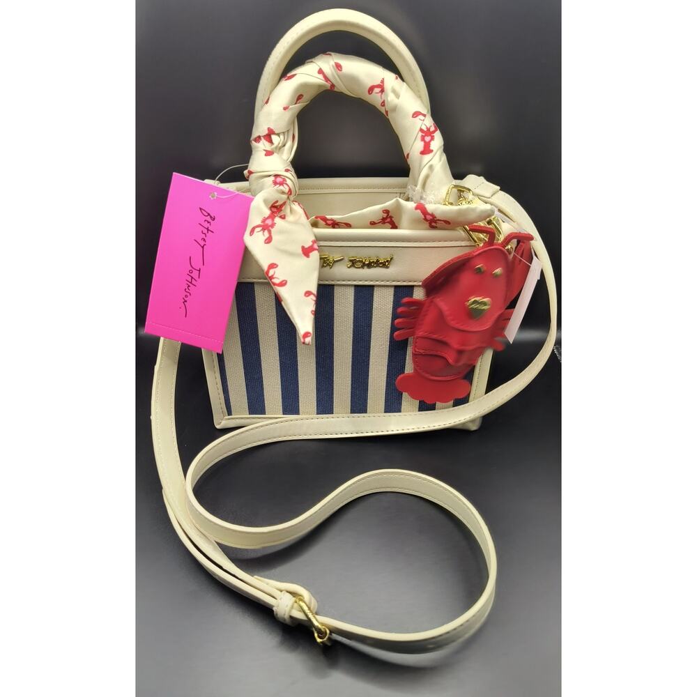 Betsey Johnson Navy and Ivory Striped Purse with Lobster scarf & Keyfob - NWT